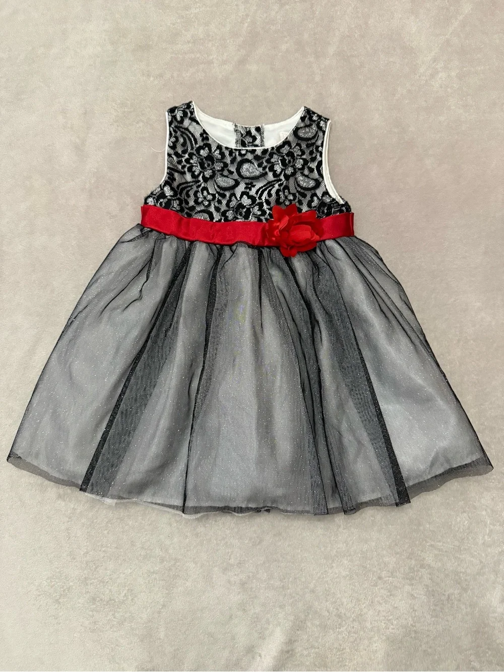 Youngland Toddler Girl Party Dress Black Metallic Lace Shimmer Tulle Red Sash 2T